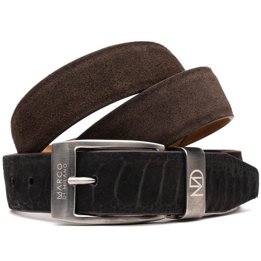 A close-up of the Marco Di Milano Hugo Belt Brown in suede and a black textured leather belt, both with silver buckles—showcasing luxury men's accessories from Marco Di Milano.