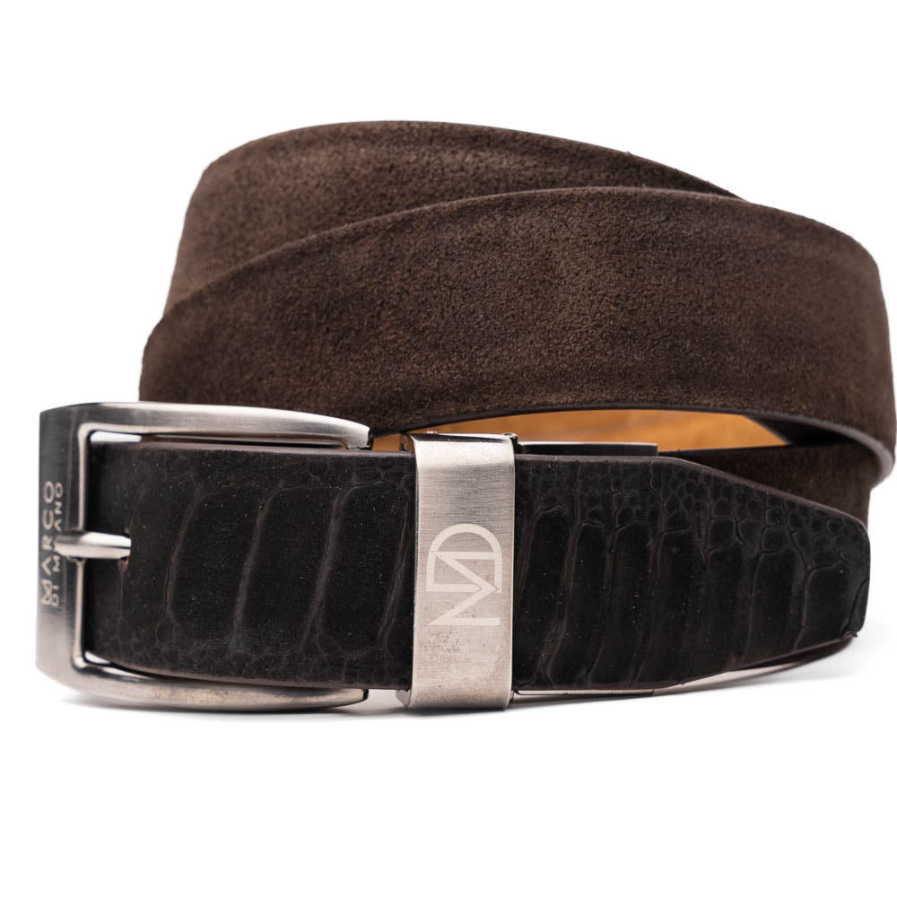 A close-up of the Marco Di Milano Hugo Belt Brown in suede and a black textured leather belt, both with silver buckles—showcasing luxury men's accessories from Marco Di Milano.