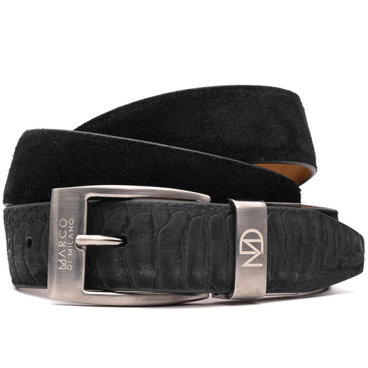 The Hugo Belt Black by Marco Di Milano is crafted from black ostrich leg-suede and textured leather, featuring a silver buckle with the brand's logo—an ideal accessory to complement luxury footwear.