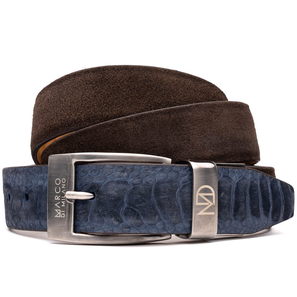 The Hugo Belt Navy / Brown by Marco Di Milano pairs rich suede and textured leather with a silver "MD" buckle—engraved "Marco Di Milano"—to perfectly complement ostrich leg-suede belts and luxury footwear.