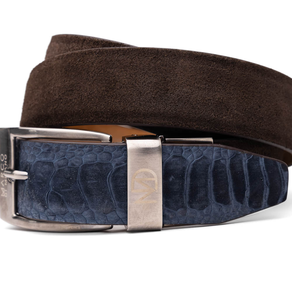 The Hugo Belt Navy / Brown by Marco Di Milano pairs rich suede and textured leather with a silver "MD" buckle—engraved "Marco Di Milano"—to perfectly complement ostrich leg-suede belts and luxury footwear.