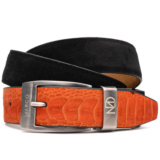 The Hugo Belt Orange / Black by Marco Di Milano features ostrich leg suede in black and orange, a silver buckle engraved with "Marco" and "MD," and a textured orange pattern—ideal for pairing with Marco Di Milano luxury footwear.