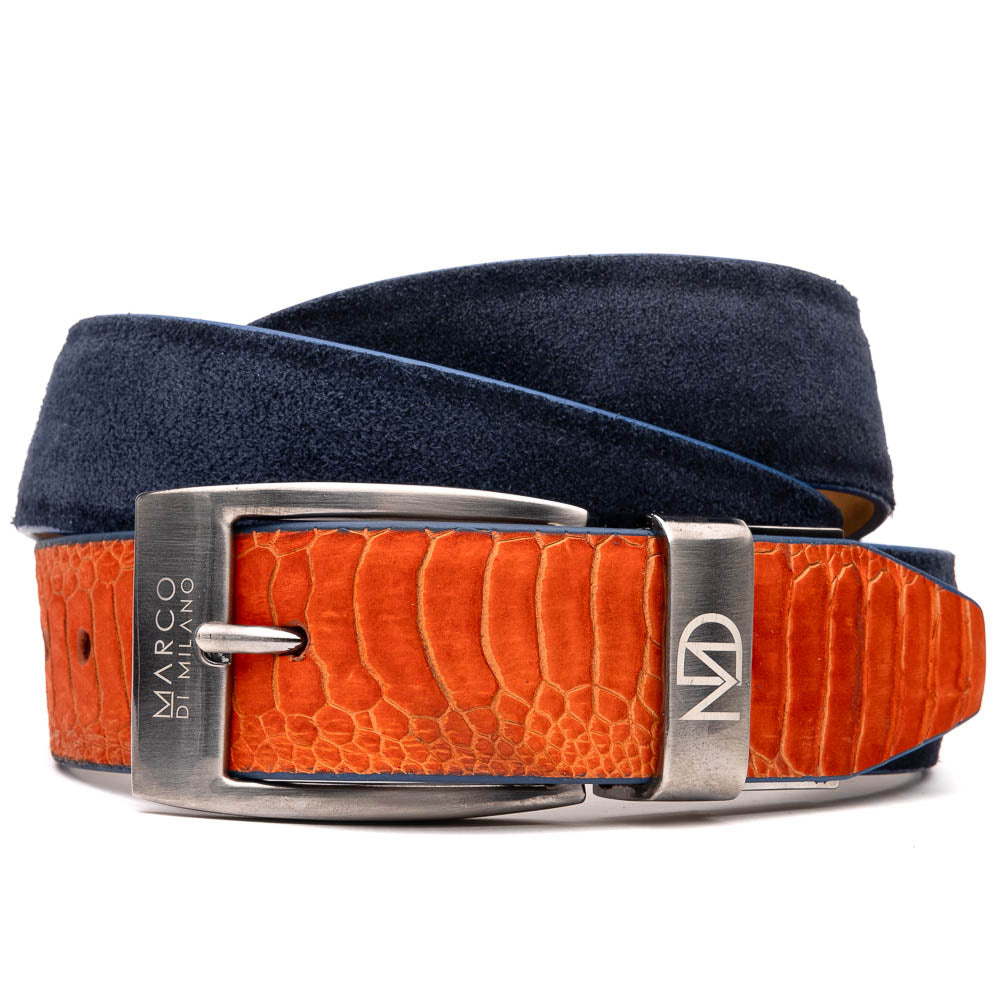The Hugo Belt Orange / Navy by Marco Di Milano features navy blue ostrich leg suede with an orange textured leather accent near the silver buckle and engraved logos—a stylish match for luxury footwear.