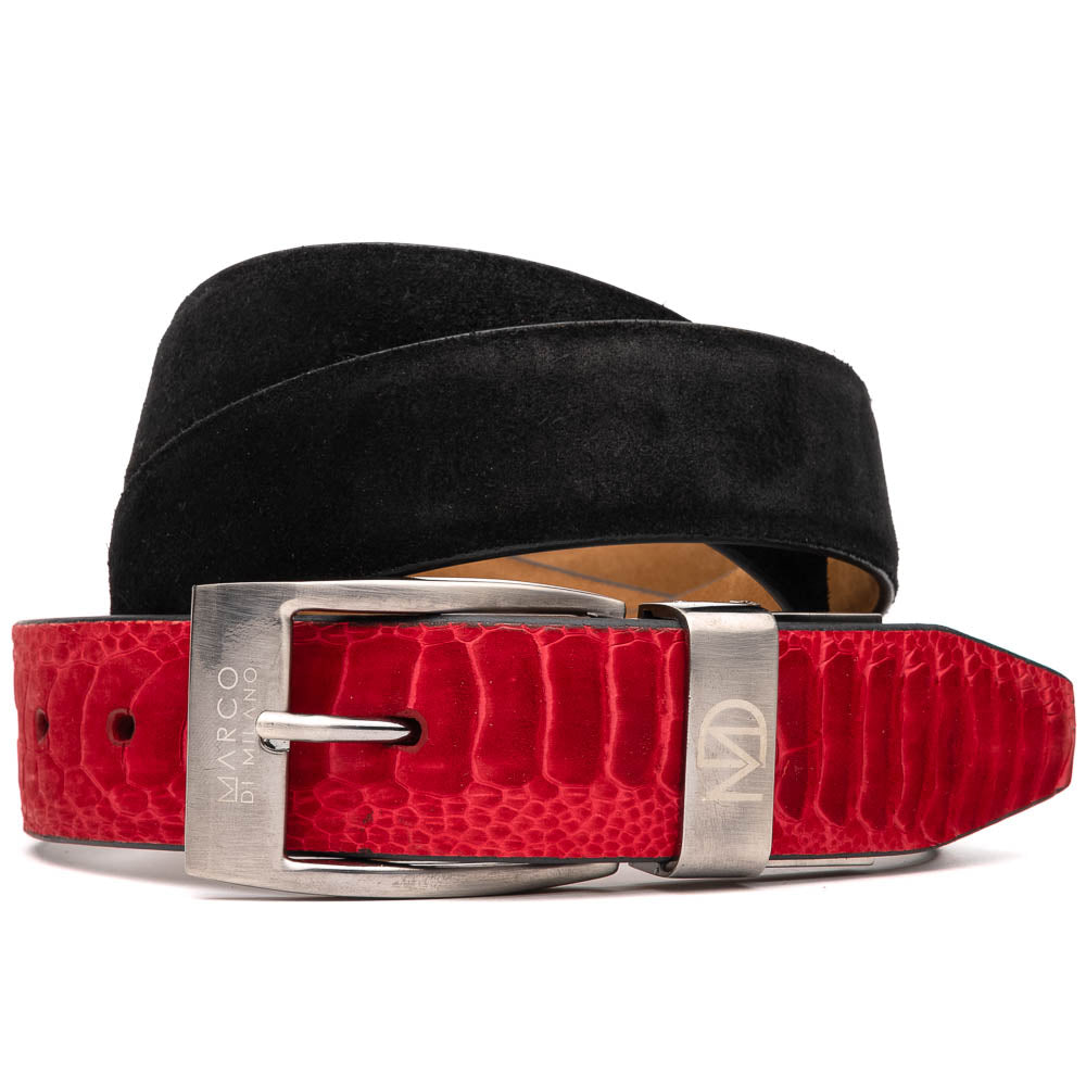 A coiled Hugo Belt Red / Black by Marco Di Milano, featuring textured leather and a silver buckle, with both colorways overlapping on a white background.