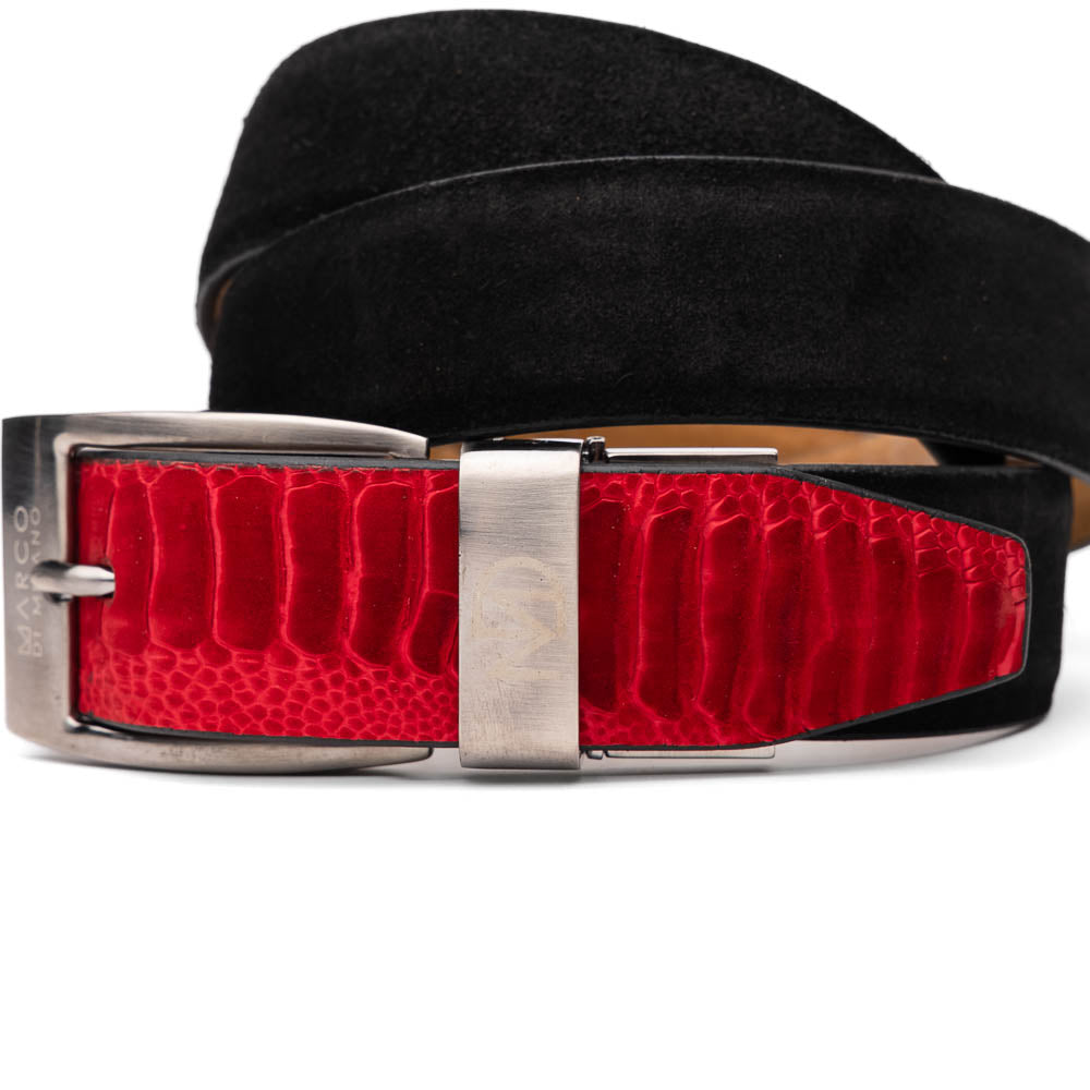 A coiled Hugo Belt Red / Black by Marco Di Milano, featuring textured leather and a silver buckle, with both colorways overlapping on a white background.