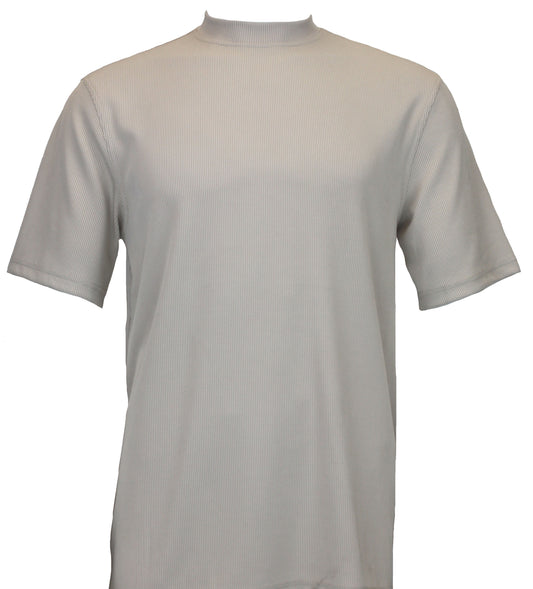 The Bassiri S/S Mock-Neck Tan T-Shirt 218 features a comfortable fit, beautifully showcased on a white background.