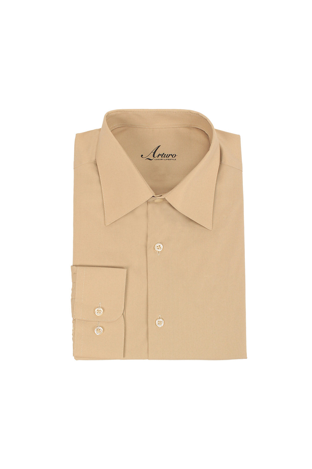 ARTURO Modern Fit Long Sleeve Tan Dress Shirt by Arturo, crafted from a cotton blend, features a spread collar and buttoned cuffs.