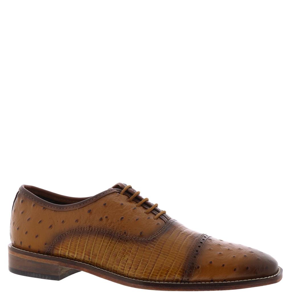 Stacy Adams Rodano Shoes in tan feature a textured, ostrich-style leather upper, cap toe design, lace-up closure, and a low stacked heel. Shown in a side view on a white background. Please note: this final sale item from STACY ADAMS cannot be returned or exchanged.