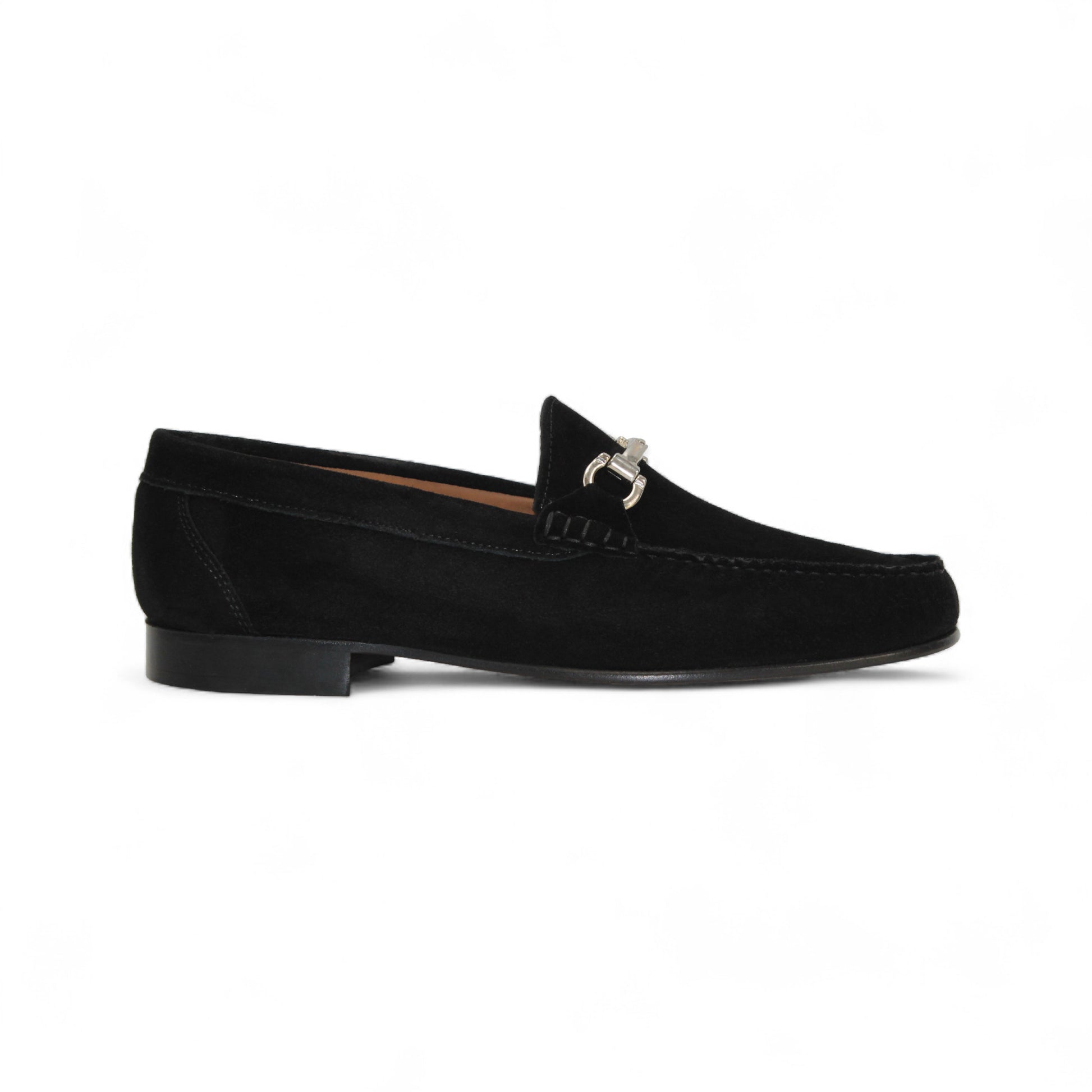 The Duca Di Matiste Duca Termoli Black is a handcrafted Italian suede loafer with a leather sole, low heel, and silver bit detail, shown side view on a white background—ideal for luxury footwear seekers.