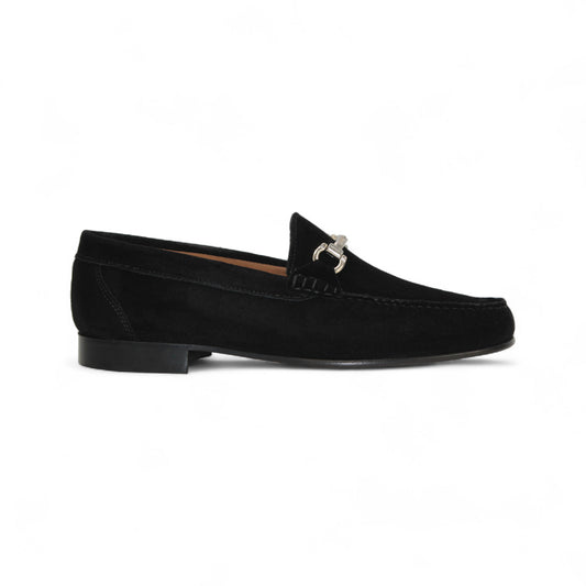 The Duca Di Matiste Duca Termoli Black is a handcrafted Italian suede loafer with a leather sole, low heel, and silver bit detail, shown side view on a white background—ideal for luxury footwear seekers.