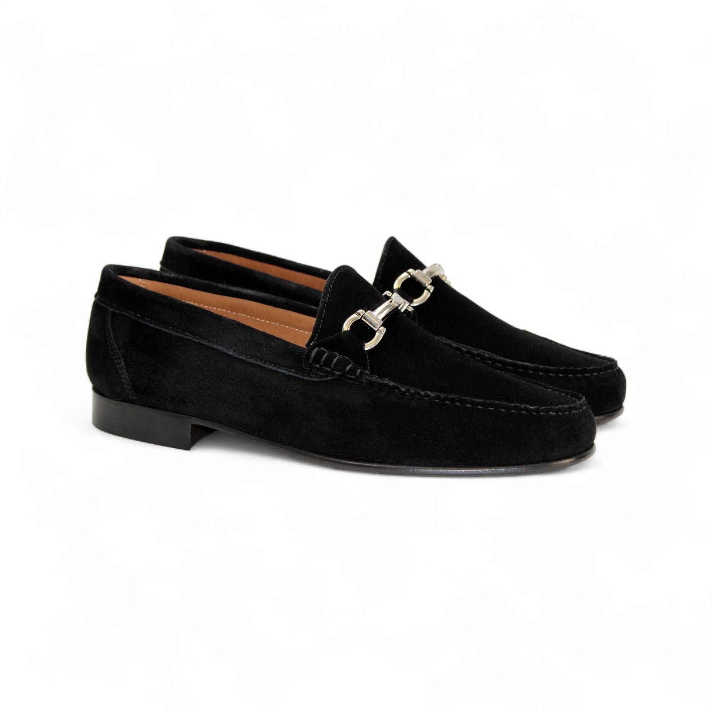 The Duca Di Matiste Duca Termoli Black is a handcrafted Italian suede loafer with a leather sole, low heel, and silver bit detail, shown side view on a white background—ideal for luxury footwear seekers.