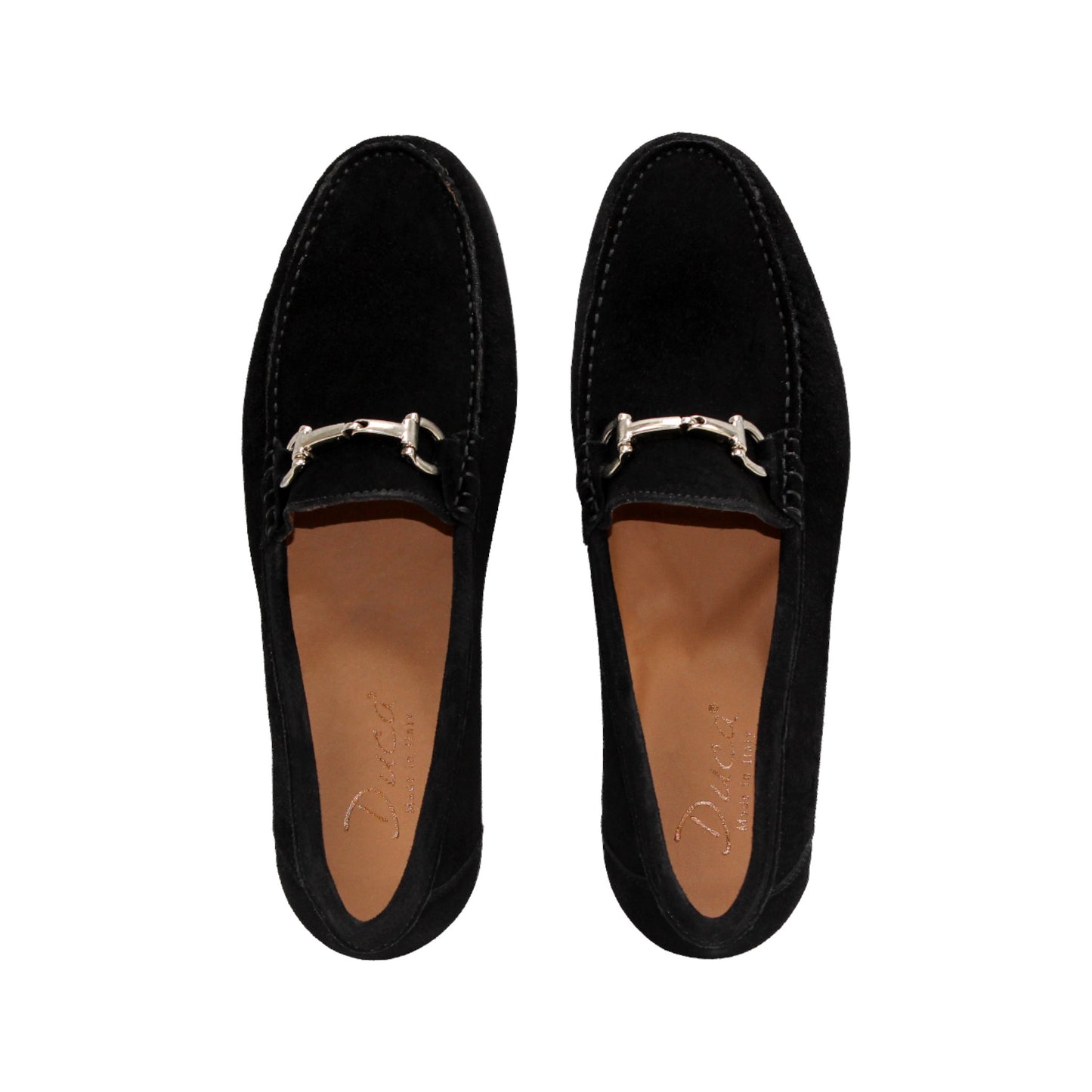 The Duca Di Matiste Duca Termoli Black is a handcrafted Italian suede loafer with a leather sole, low heel, and silver bit detail, shown side view on a white background—ideal for luxury footwear seekers.