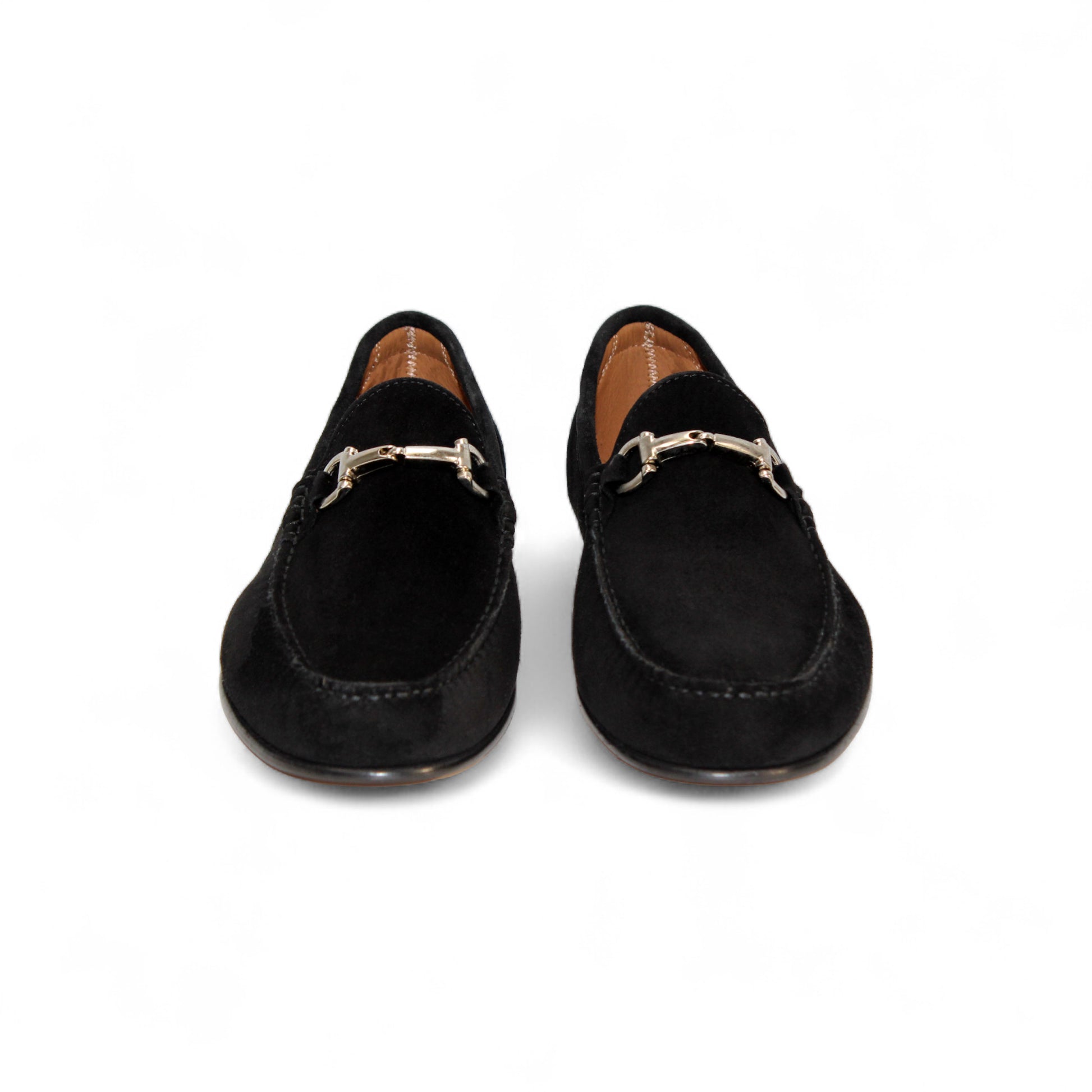 The Duca Di Matiste Duca Termoli Black is a handcrafted Italian suede loafer with a leather sole, low heel, and silver bit detail, shown side view on a white background—ideal for luxury footwear seekers.