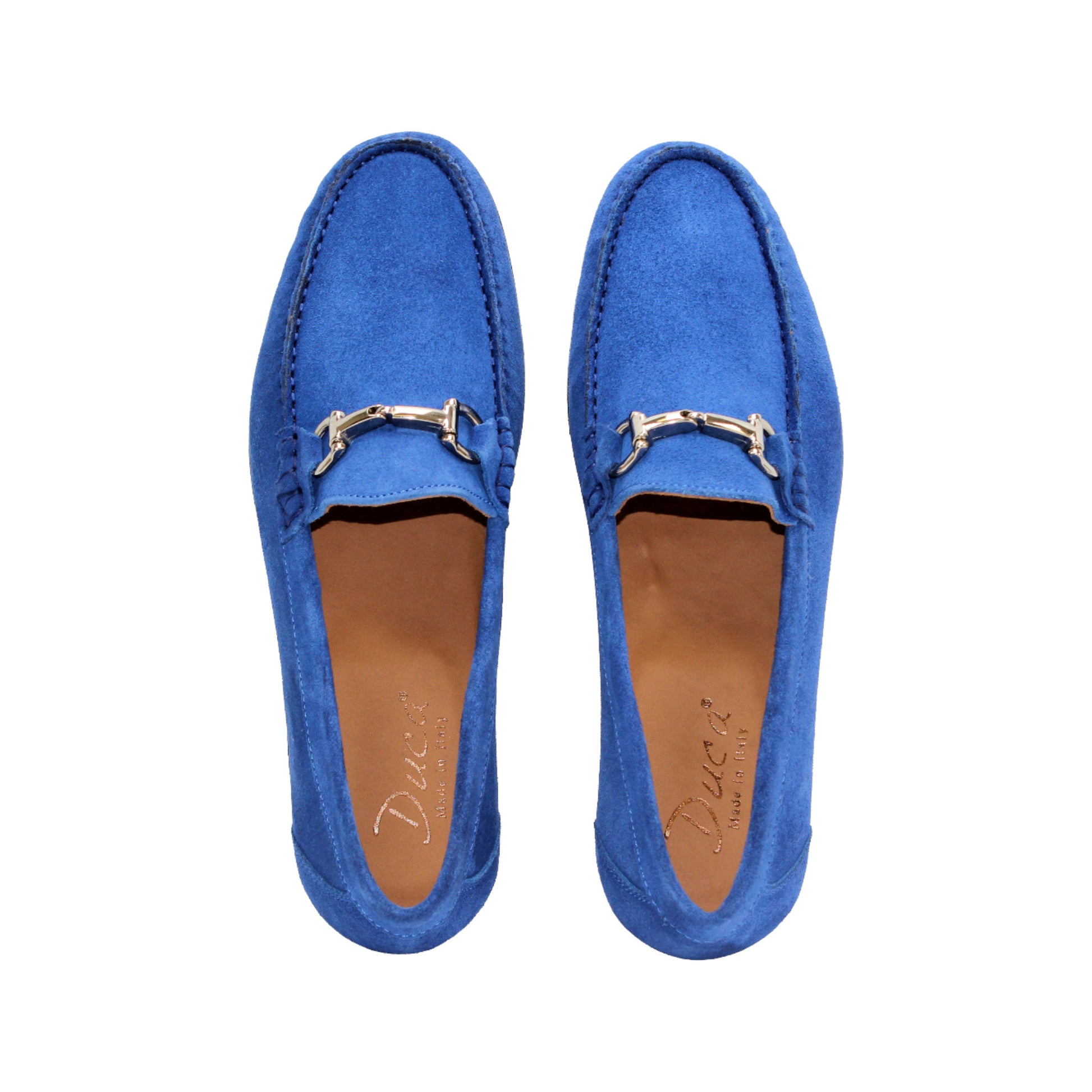 The Duca Di Matiste Duca Termoli Cobalt, a handcrafted blue suede loafer with a silver buckle, is displayed from the side against a plain white background.