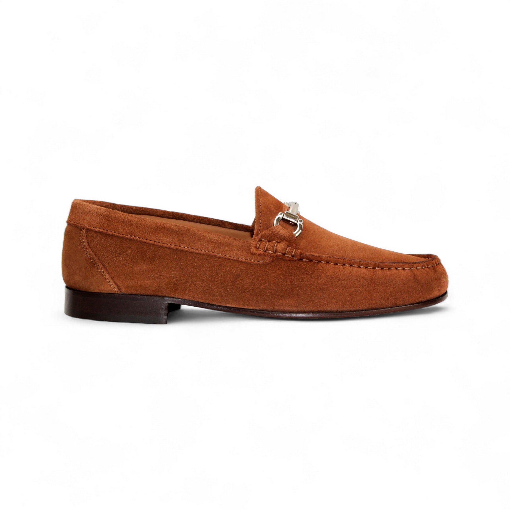 The Duca Di Matiste Duca Termoli Rust is a brown suede loafer with a silver bit, low heel, and moccasin-style stitching, displayed in side profile on a white background.