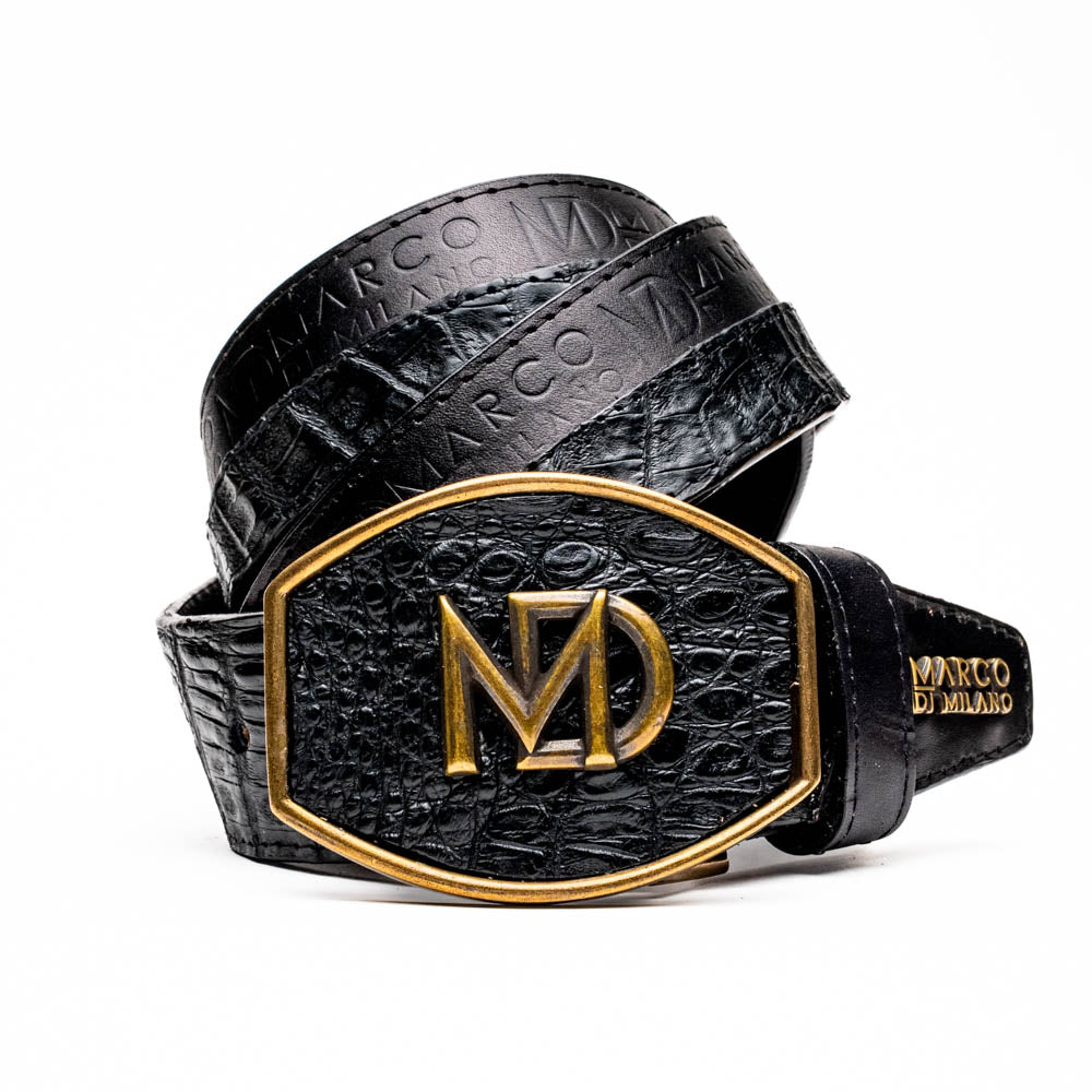 The Texas Belt Black by Marco Di Milano features a bold gold "MD" buckle and embossed branding, styled like a Western belt for a striking statement.