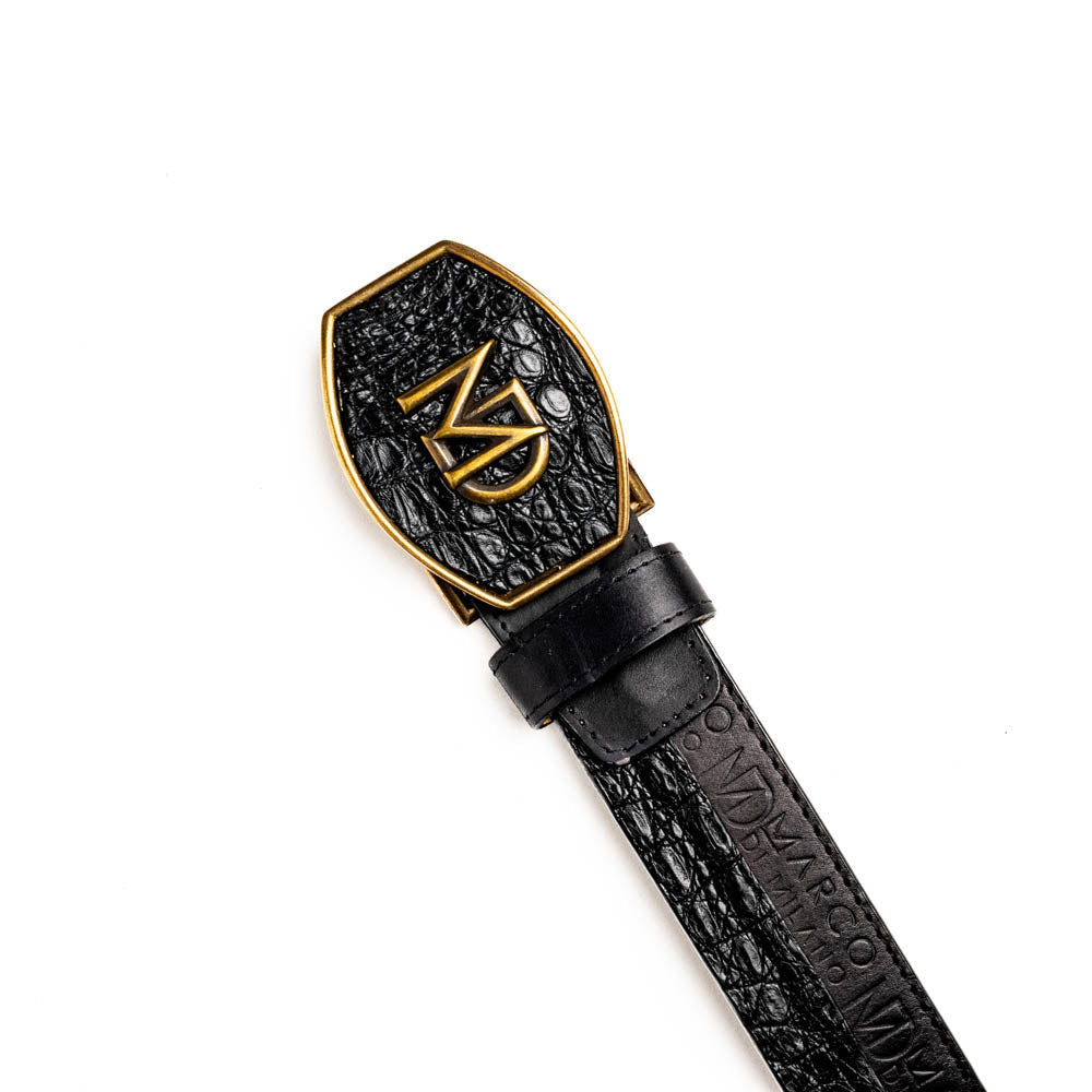 The Texas Belt Black by Marco Di Milano features a bold gold "MD" buckle and embossed branding, styled like a Western belt for a striking statement.
