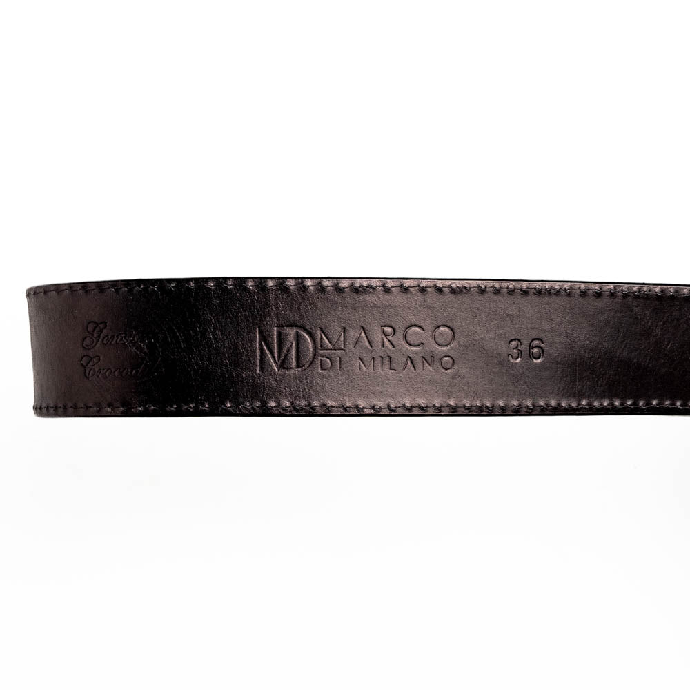 The Texas Belt Black by Marco Di Milano features a bold gold "MD" buckle and embossed branding, styled like a Western belt for a striking statement.
