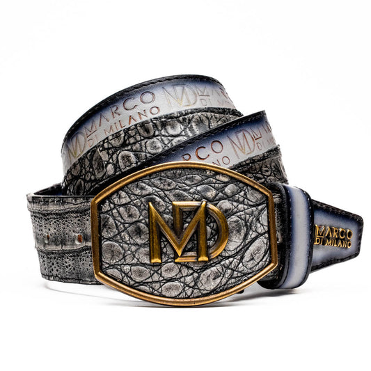 The Marco Di Milano Texas Belt Stone Gray features a textured gray finish, a large gold MD logo buckle, and "Marco Di Milano" printed along the strap.