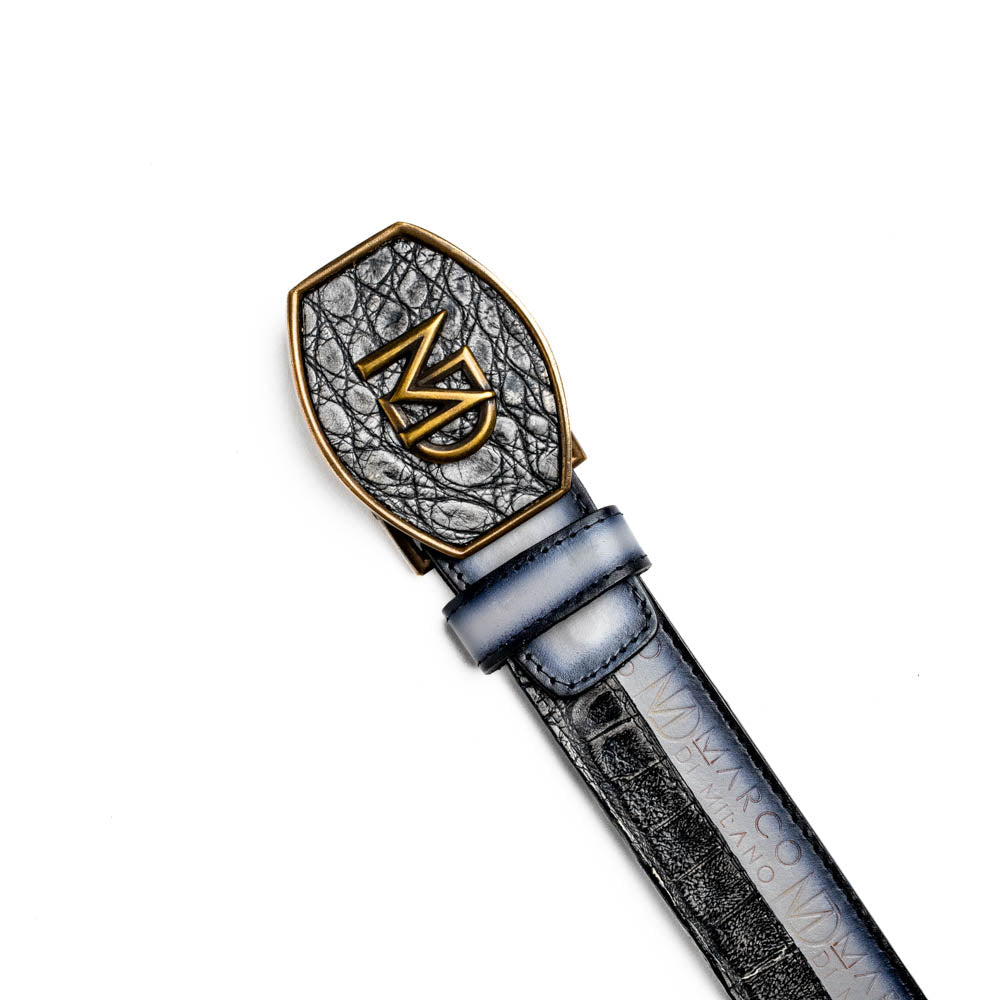 The Marco Di Milano Texas Belt Stone Gray features a textured gray finish, a large gold MD logo buckle, and "Marco Di Milano" printed along the strap.