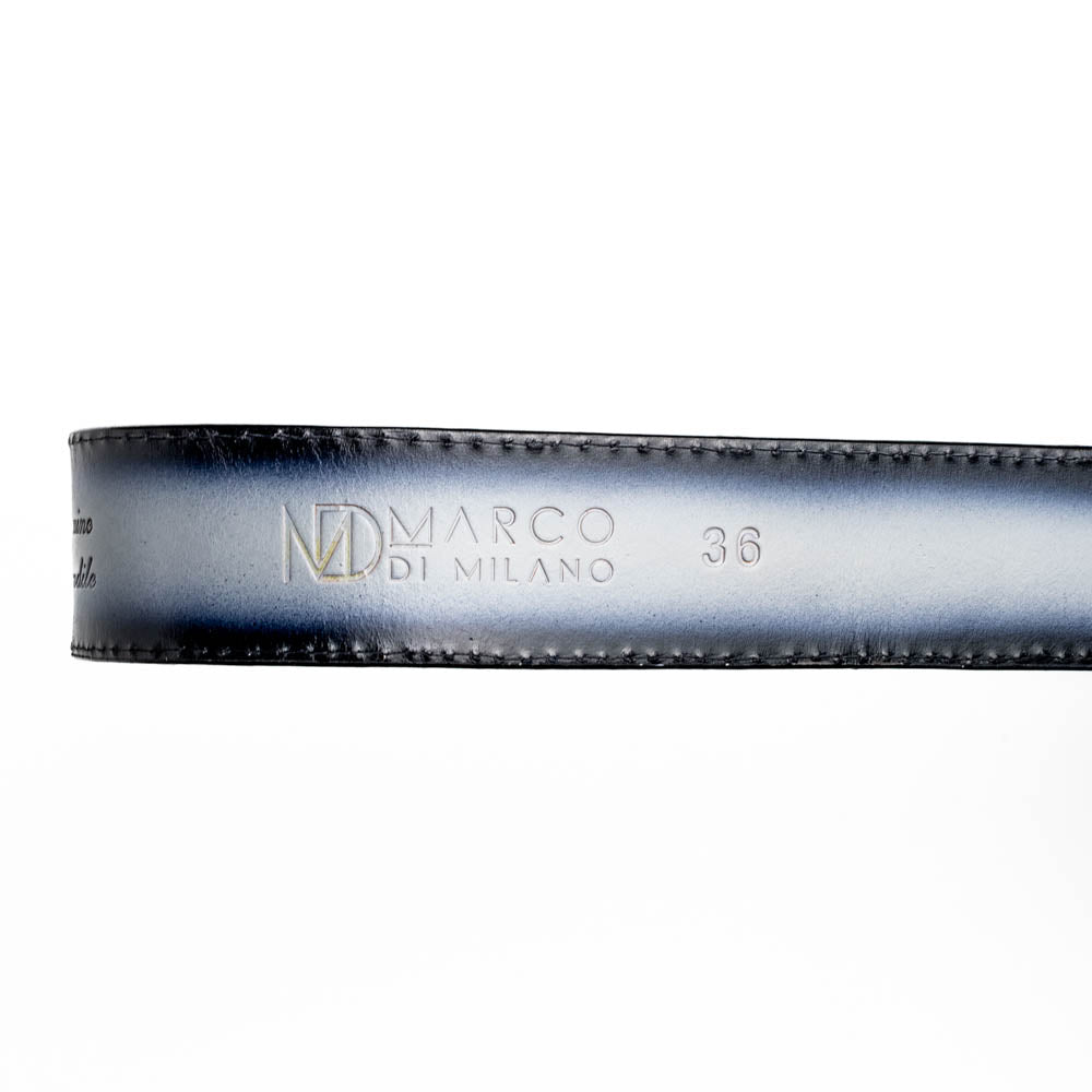 The Marco Di Milano Texas Belt Stone Gray features a textured gray finish, a large gold MD logo buckle, and "Marco Di Milano" printed along the strap.