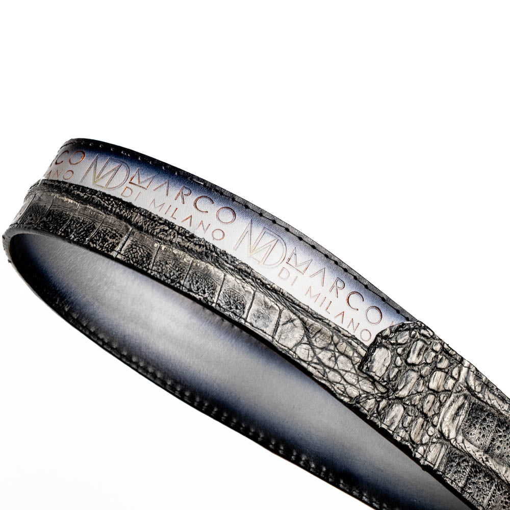 The Marco Di Milano Texas Belt Stone Gray features a textured gray finish, a large gold MD logo buckle, and "Marco Di Milano" printed along the strap.