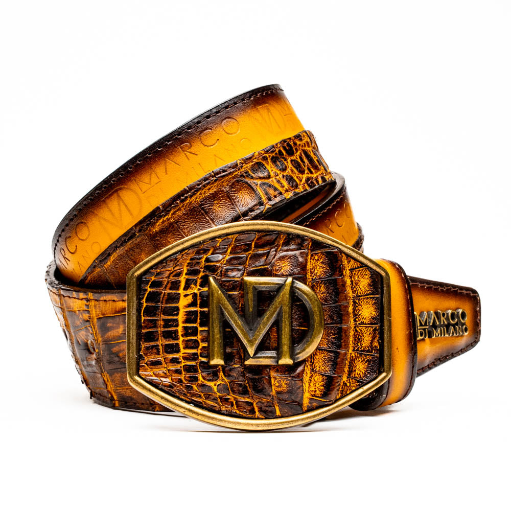 The Texas Belt Mustard Brown by Marco Di Milano features a striking gold "MD" logo buckle—an elegant statement accessory embodying modern sophistication.