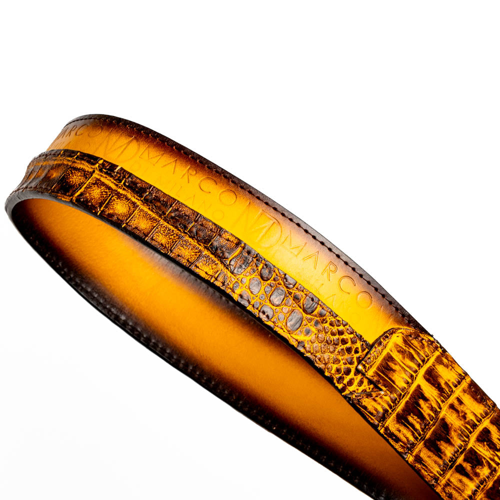 The Texas Belt Mustard Brown by Marco Di Milano features a striking gold "MD" logo buckle—an elegant statement accessory embodying modern sophistication.