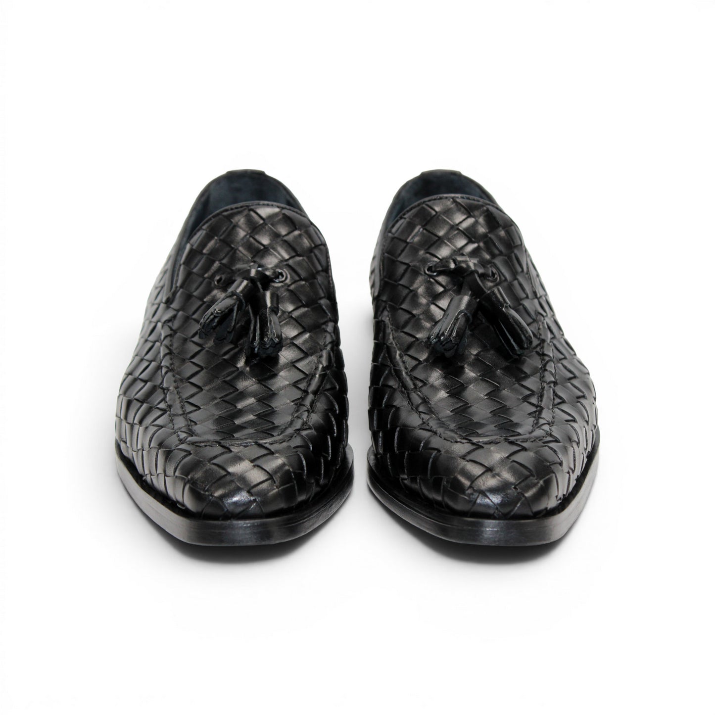 The Duca Di Matiste Duca Tirrenea Black is a black calf weave leather loafer with tassel detail, low heel, and rounded toe, shown in side profile on a white background—an elegant piece of luxury footwear.