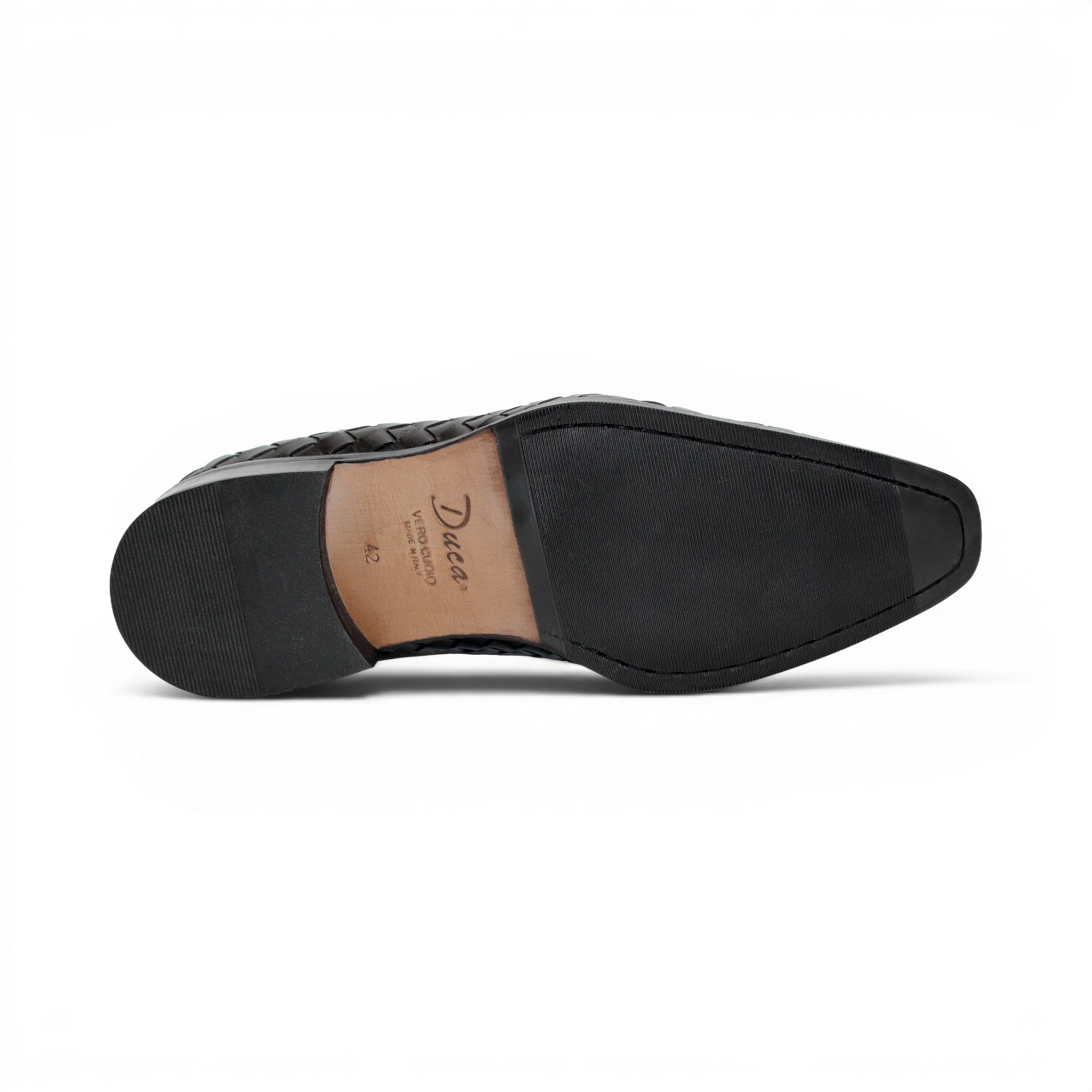 The Duca Di Matiste Duca Tirrenea Black is a black calf weave leather loafer with tassel detail, low heel, and rounded toe, shown in side profile on a white background—an elegant piece of luxury footwear.