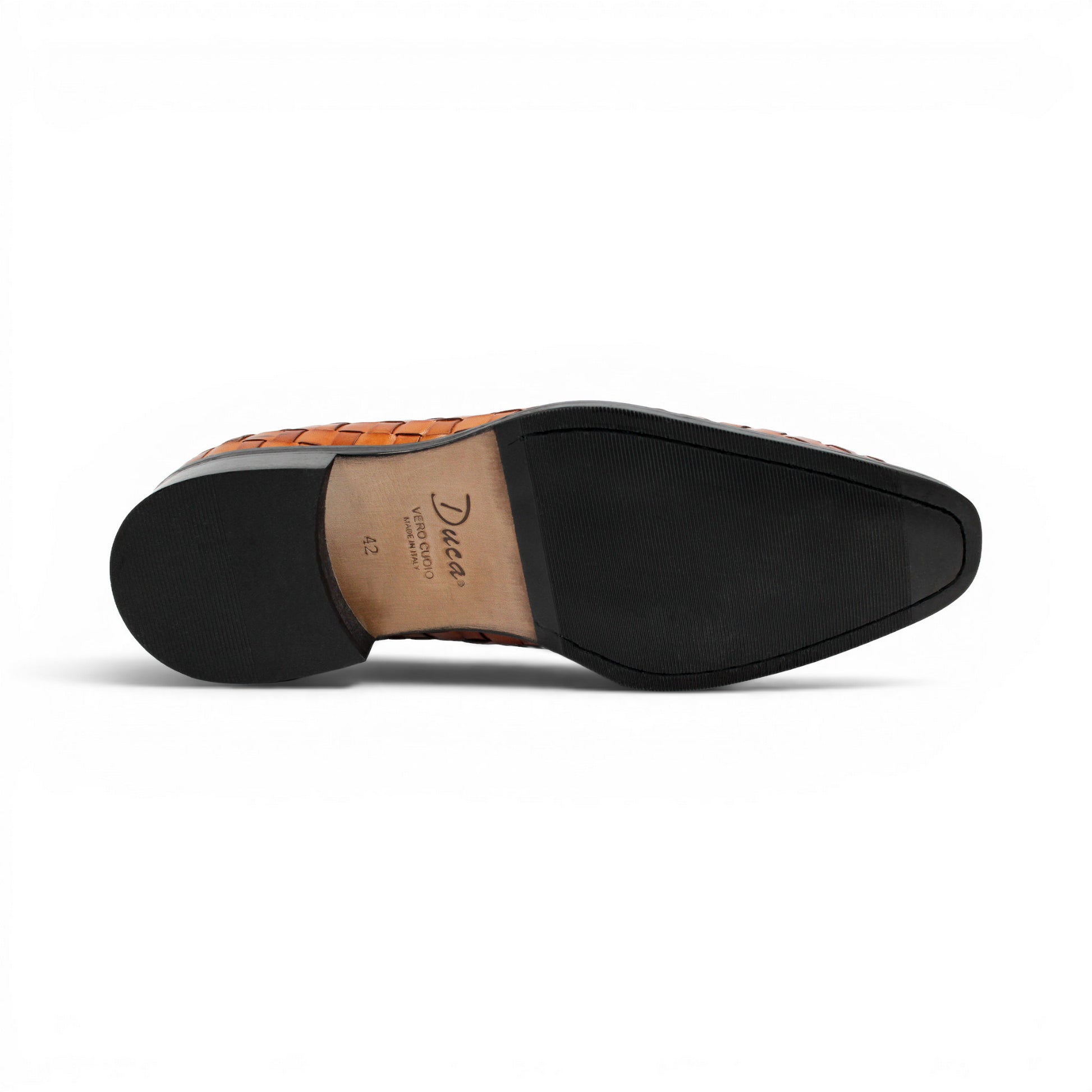 Duca Di Matiste's Duca Tirrenea Cognac: a brown Italian calf weave leather loafer with tassels, low heel, and black sole—luxury footwear shown in side profile on a white background.