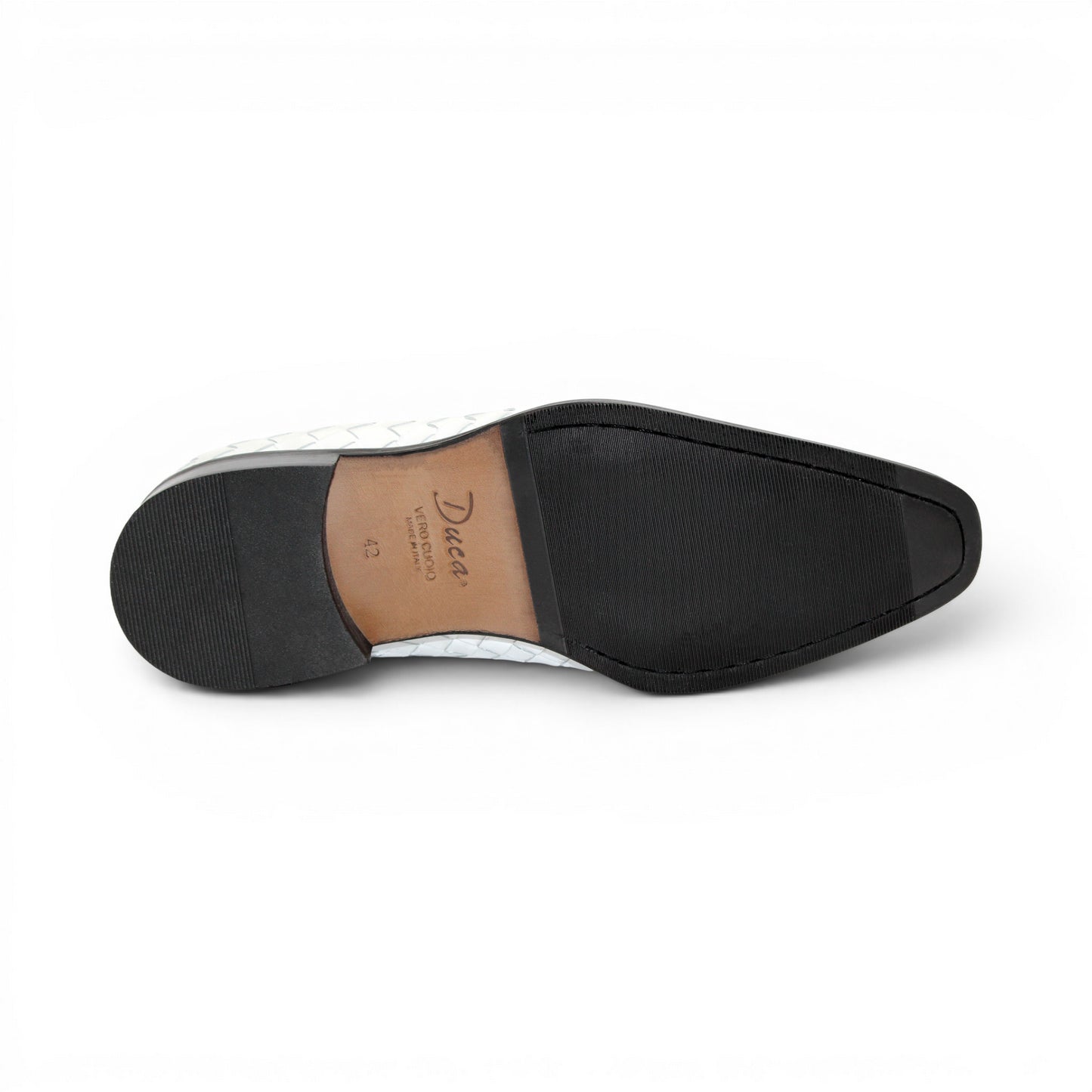 The Duca Tirrenea White by Duca Di Matiste is a white calf weave leather loafer with tassel detail and a black low heel, elegantly crafted in Italy and shown in profile against a plain white background.