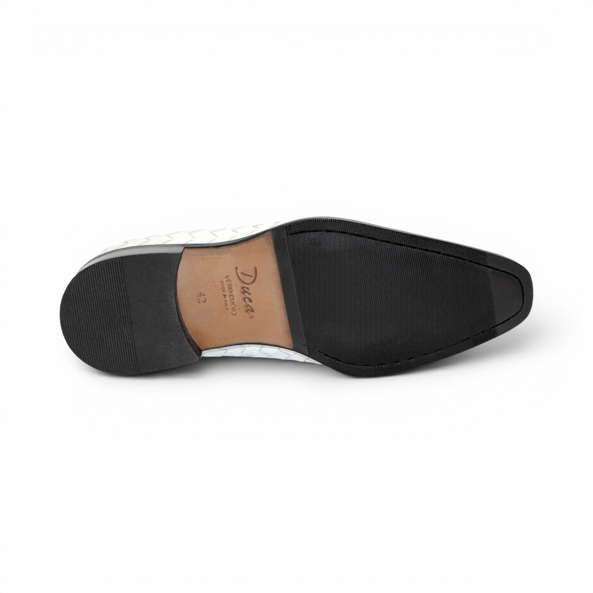 The Duca Tirrenea White by Duca Di Matiste is a white calf weave leather loafer with tassel detail and a black low heel, elegantly crafted in Italy and shown in profile against a plain white background.