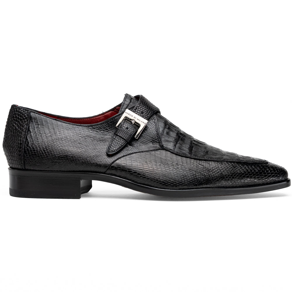 Toluca Black by Marco Di Milano: a black leather dress shoe featuring a crocodile texture and an elegant monk strap side buckle, displayed with one shoe upright and the other revealing its brown leather sole—a refined luxury footwear choice.