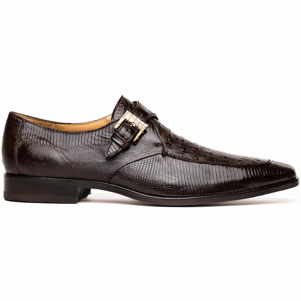 Toluca Brown by Marco Di Milano: luxury men's monk strap shoes in brown crocodile-patterned leather with a side buckle. One shoe stands upright; the other lies on its side to display the sole.