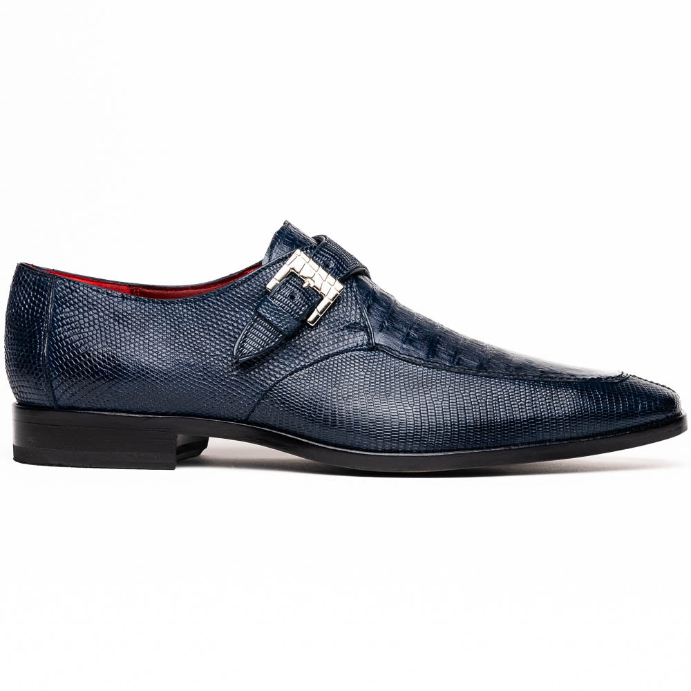Toluca Navy by Marco Di Milano: a pair of blue textured leather monk strap shoes with a single buckle—one upright, one sole-up showing the brand name—a luxury footwear choice for refined tastes.