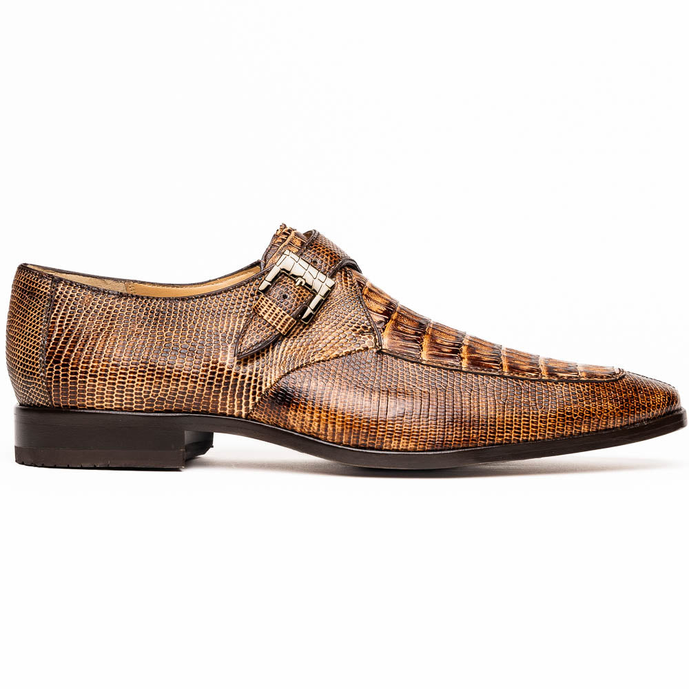 A pair of Toluca Rustic Orix brown leather monk strap shoes by Marco Di Milano, featuring a crocodile pattern—one upright and one showing the branded sole—luxurious footwear perfect for any occasion.