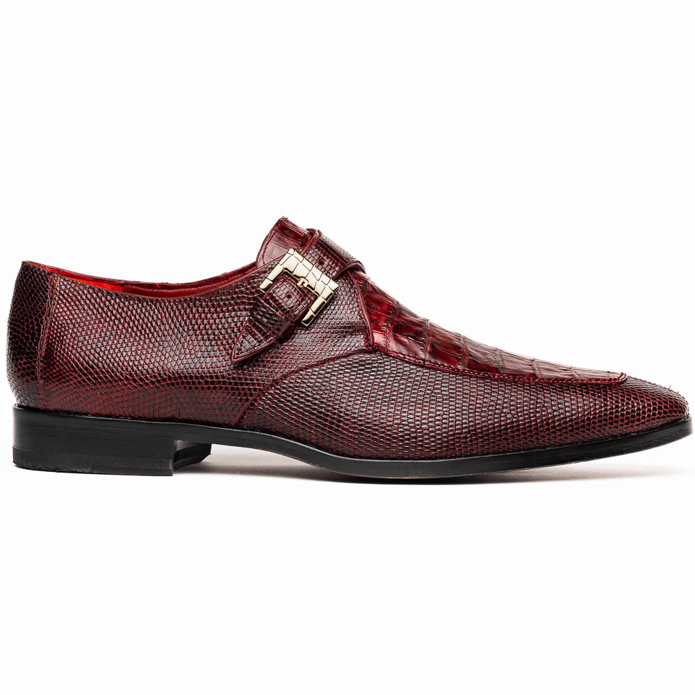 Toluca Wine by Marco Di Milano: Elegant burgundy monk strap shoes with genuine crocodile texture and black soles—one stands upright, the other lies on its side, showcasing luxury craftsmanship.