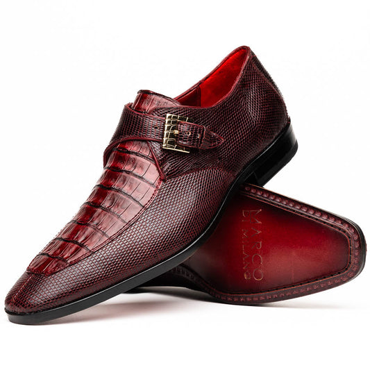 Toluca Wine by Marco Di Milano: Elegant burgundy monk strap shoes with genuine crocodile texture and black soles—one stands upright, the other lies on its side, showcasing luxury craftsmanship.
