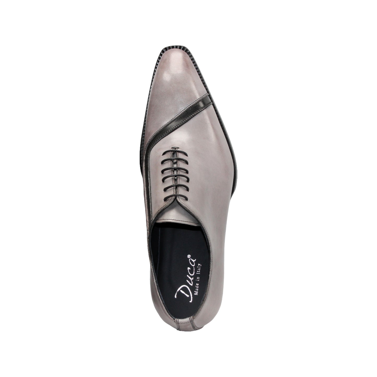 The Duca Di Matiste Duca Torre Light Grey/Black Italian leather oxford dress shoe features a light grey upper, black cap toe, and black sole, displayed against a white background.