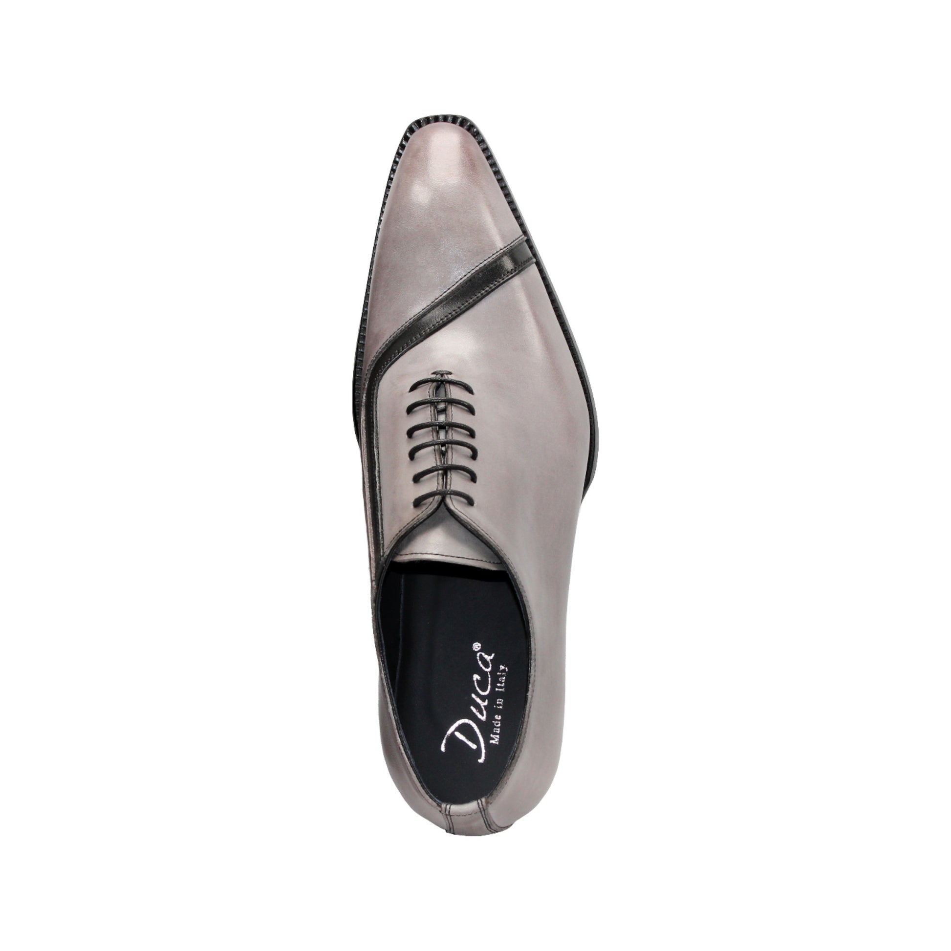 The Duca Di Matiste Duca Torre Light Grey/Black Italian leather oxford dress shoe features a light grey upper, black cap toe, and black sole, displayed against a white background.