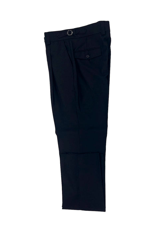 The Tiglio Luxe Black Semi-Wide Leg Wool Marbella Dress Pants TIG1001 are made from extra fine wool, showcasing a semi-wide leg fit and come neatly folded with an attached belt.