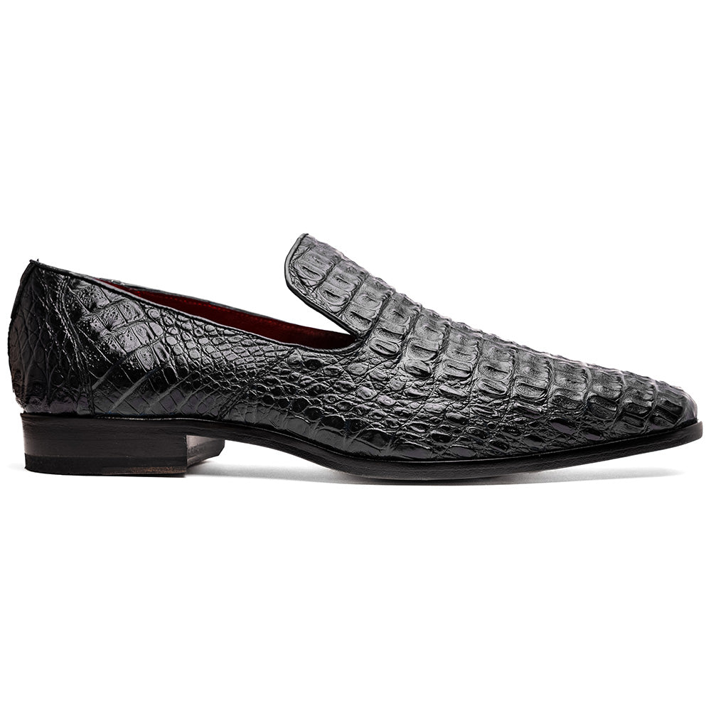 A pair of Marco Di Milano Trento Black loafers crafted from genuine caiman crocodile-pattern leather, showcasing a striking black exterior, red interior lining, and brown soles—one positioned upright and the other on its side. These luxury shoes feature exquisite hand-painted finishes for a truly sophisticated touch.
