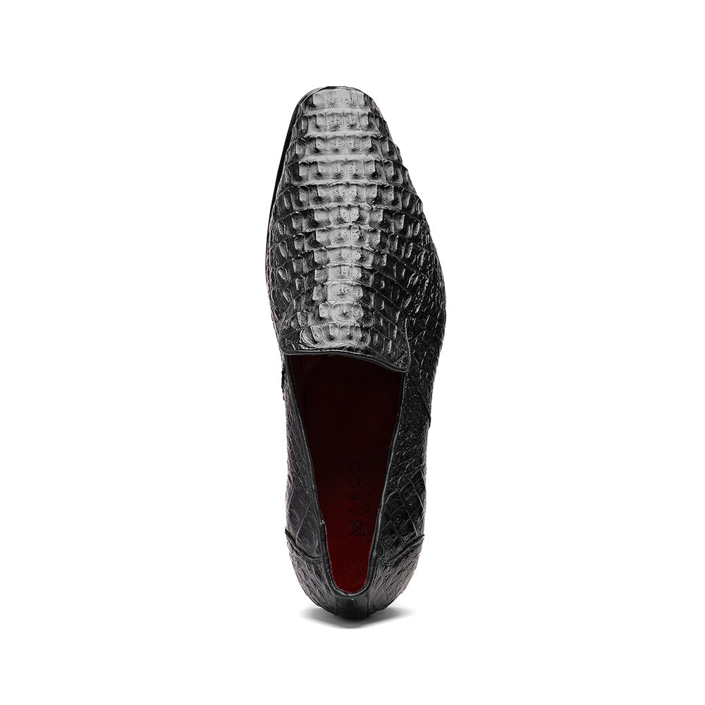 A pair of Marco Di Milano Trento Black loafers crafted from genuine caiman crocodile-pattern leather, showcasing a striking black exterior, red interior lining, and brown soles—one positioned upright and the other on its side. These luxury shoes feature exquisite hand-painted finishes for a truly sophisticated touch.