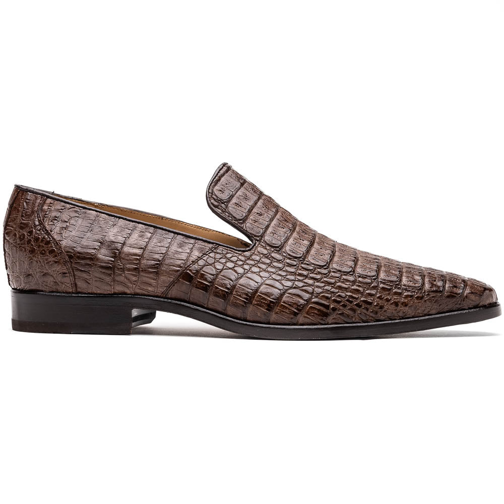 The Marco Di Milano Trento Brown shoes, crafted from genuine caiman crocodile leather, are shown with one upright and one on its side to reveal the sole, highlighting their hand-painted luxury finish.