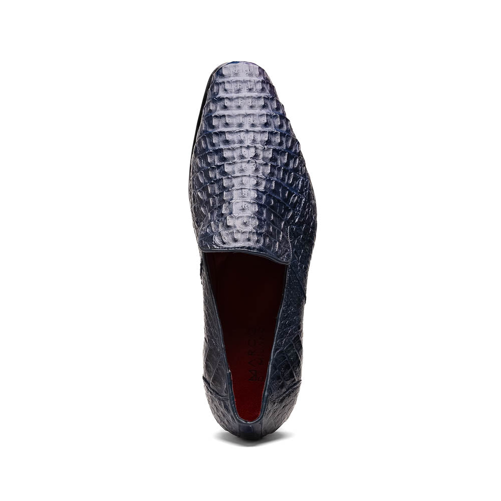 The Trento Navy by Marco Di Milano are dark blue genuine caiman leather loafers featuring hand-painted finishes, red lining, and "Marco Di Milano" branding on the sole.
