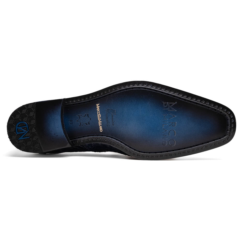 The Trento Navy by Marco Di Milano are dark blue genuine caiman leather loafers featuring hand-painted finishes, red lining, and "Marco Di Milano" branding on the sole.