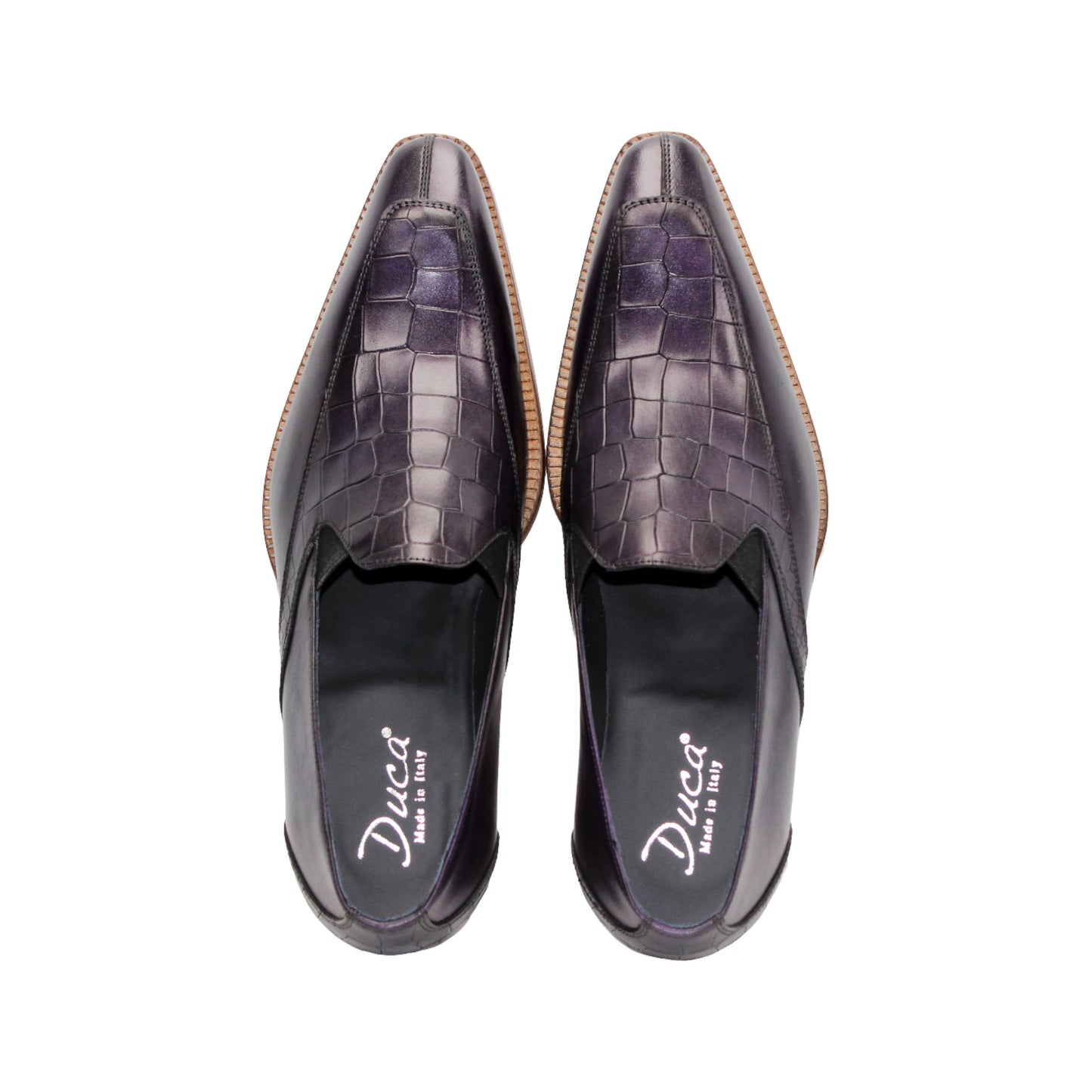 The Duca Di Matiste Duca Trento Purple is a stylish purple leather loafer with croco embossing and a light brown wooden sole, displayed in side profile against a white background.