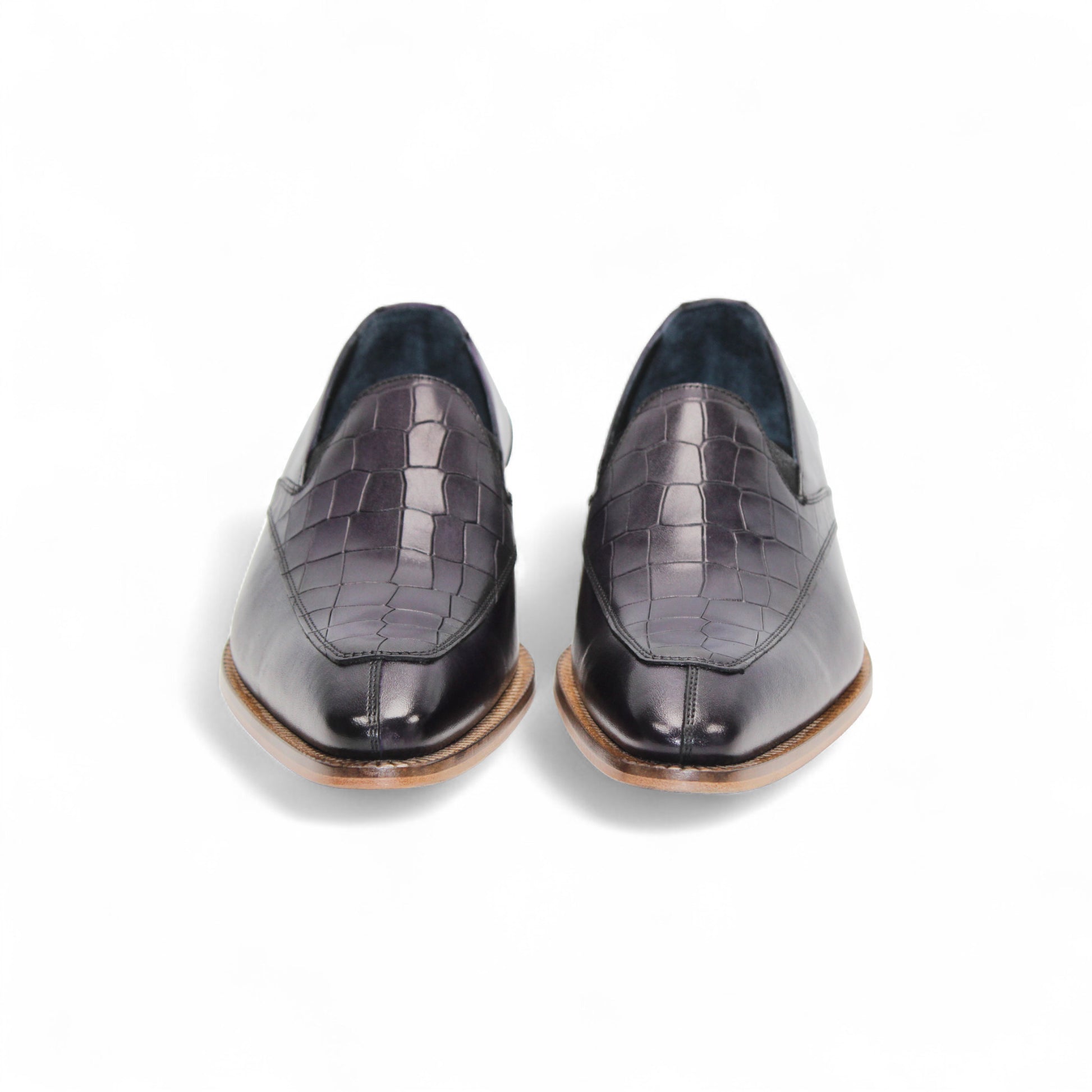 The Duca Di Matiste Duca Trento Purple is a stylish purple leather loafer with croco embossing and a light brown wooden sole, displayed in side profile against a white background.