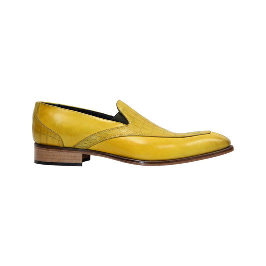 The Duca Di Matiste Duca Trento Yellow is a yellow leather slip-on dress shoe with croco embossing and a wooden sole, shown side view on a white background.